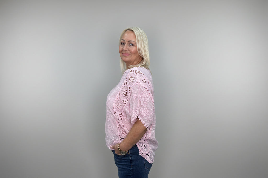 Molly Blush Pink Broderie Anglaise Batwing Top