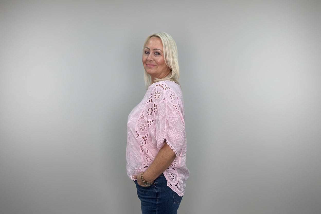 Molly Blush Pink Broderie Anglaise Batwing Top