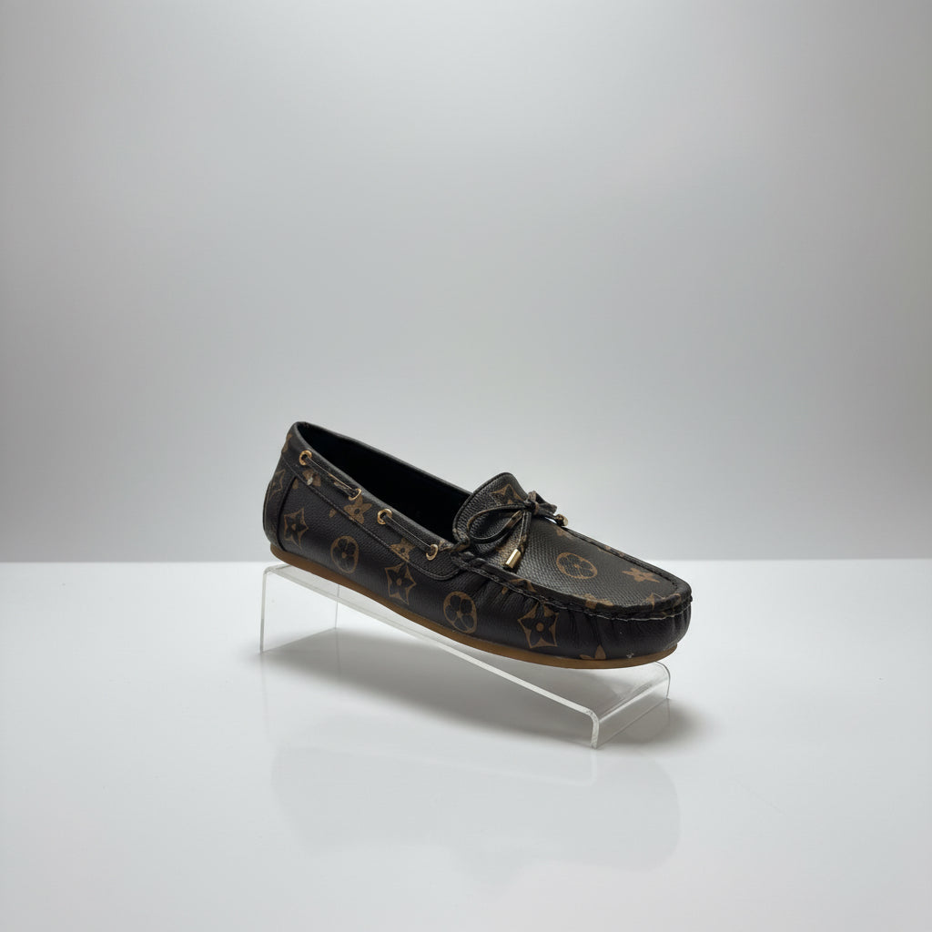 GLORIA Chocolate Pattern Bow Front Gold Hardware Loafers