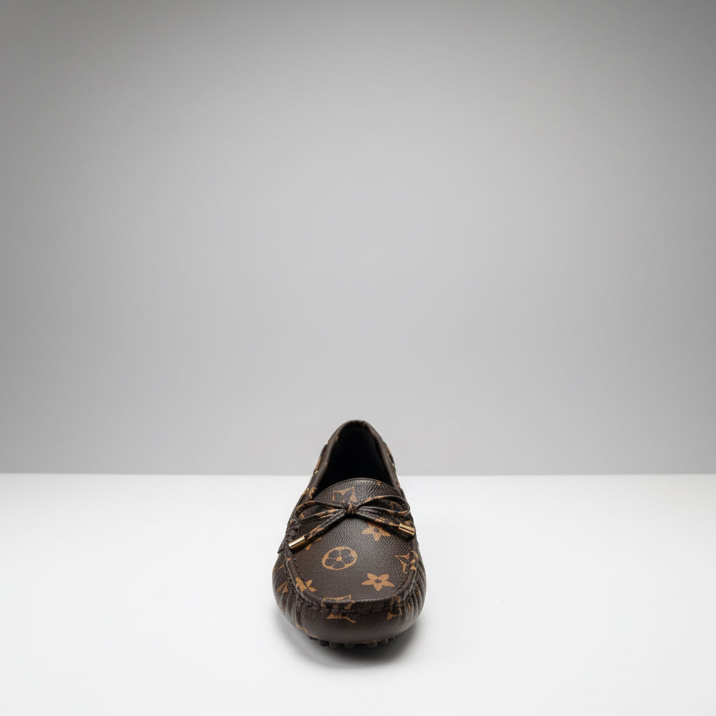 GLORIA Chocolate Pattern Bow Front Gold Hardware Loafers