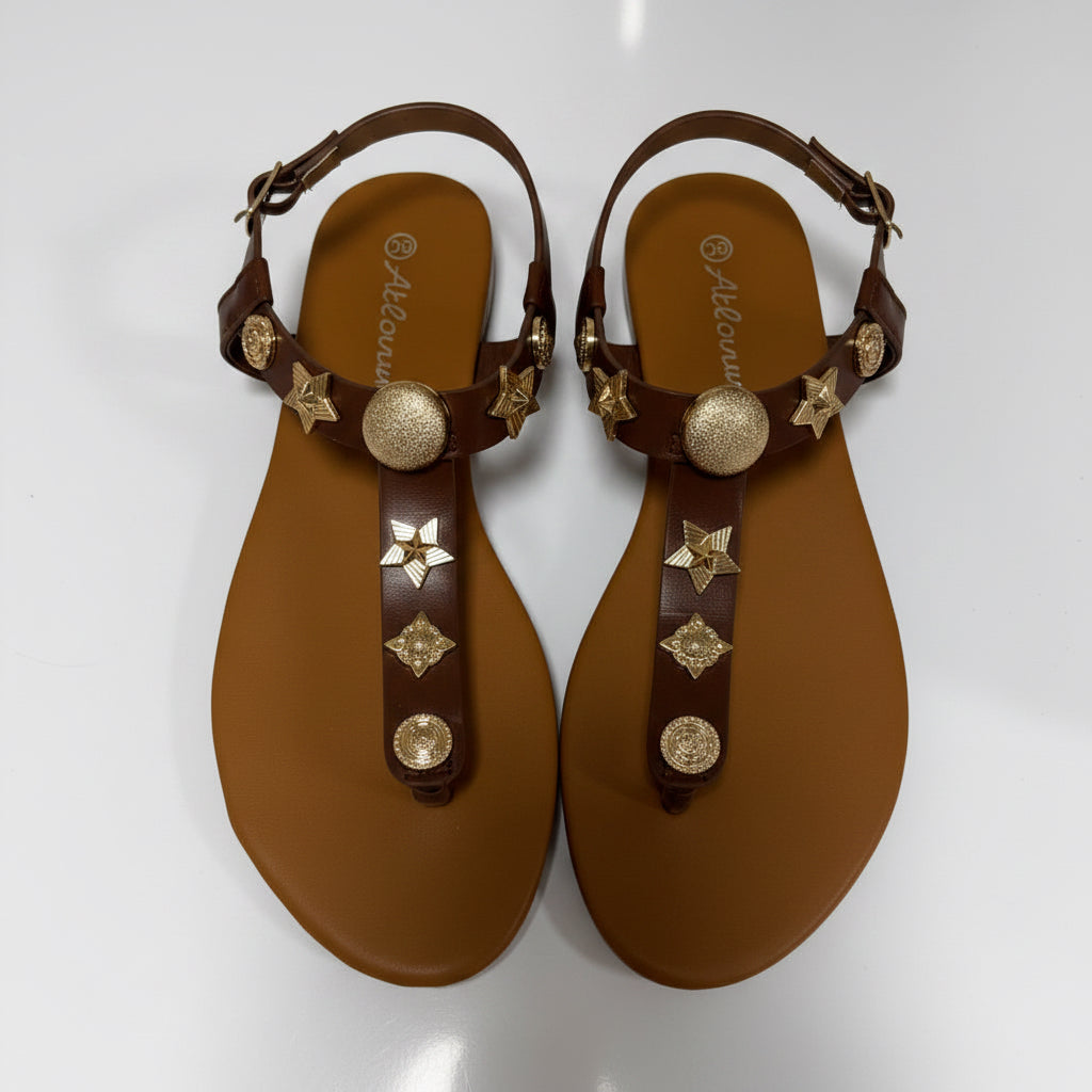 TANYA T-Strap Toe Post Sandal with Gold Embellishments