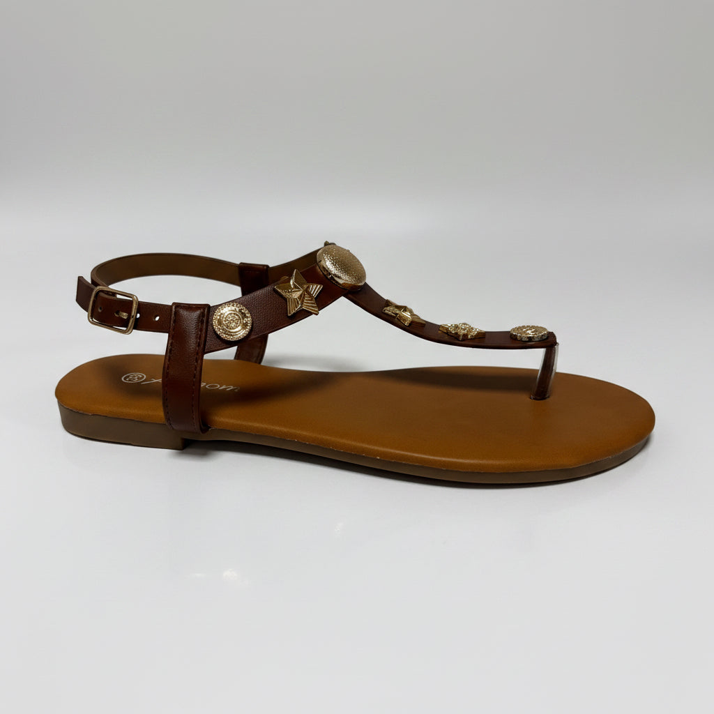 TANYA T-Strap Toe Post Sandal with Gold Embellishments