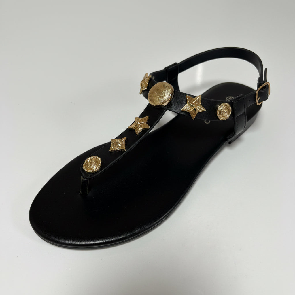 TANYA T-Strap Toe Post Sandal with Gold Embellishments