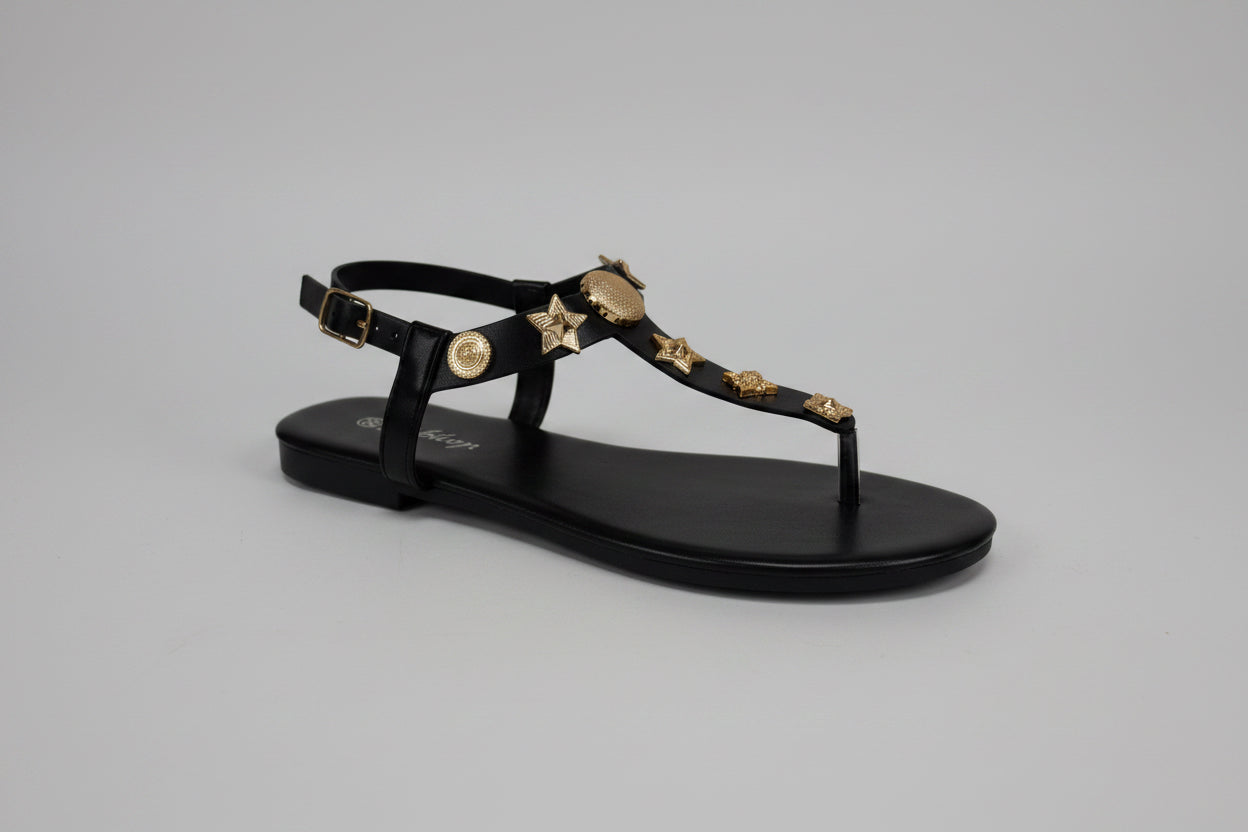 TANYA T-Strap Toe Post Sandal with Gold Embellishments