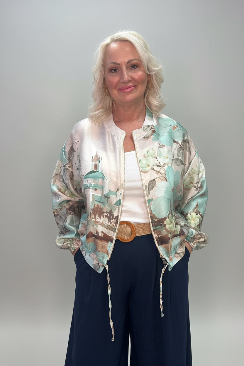 VENICE Print Bomber Jacket with Drawstring Waist