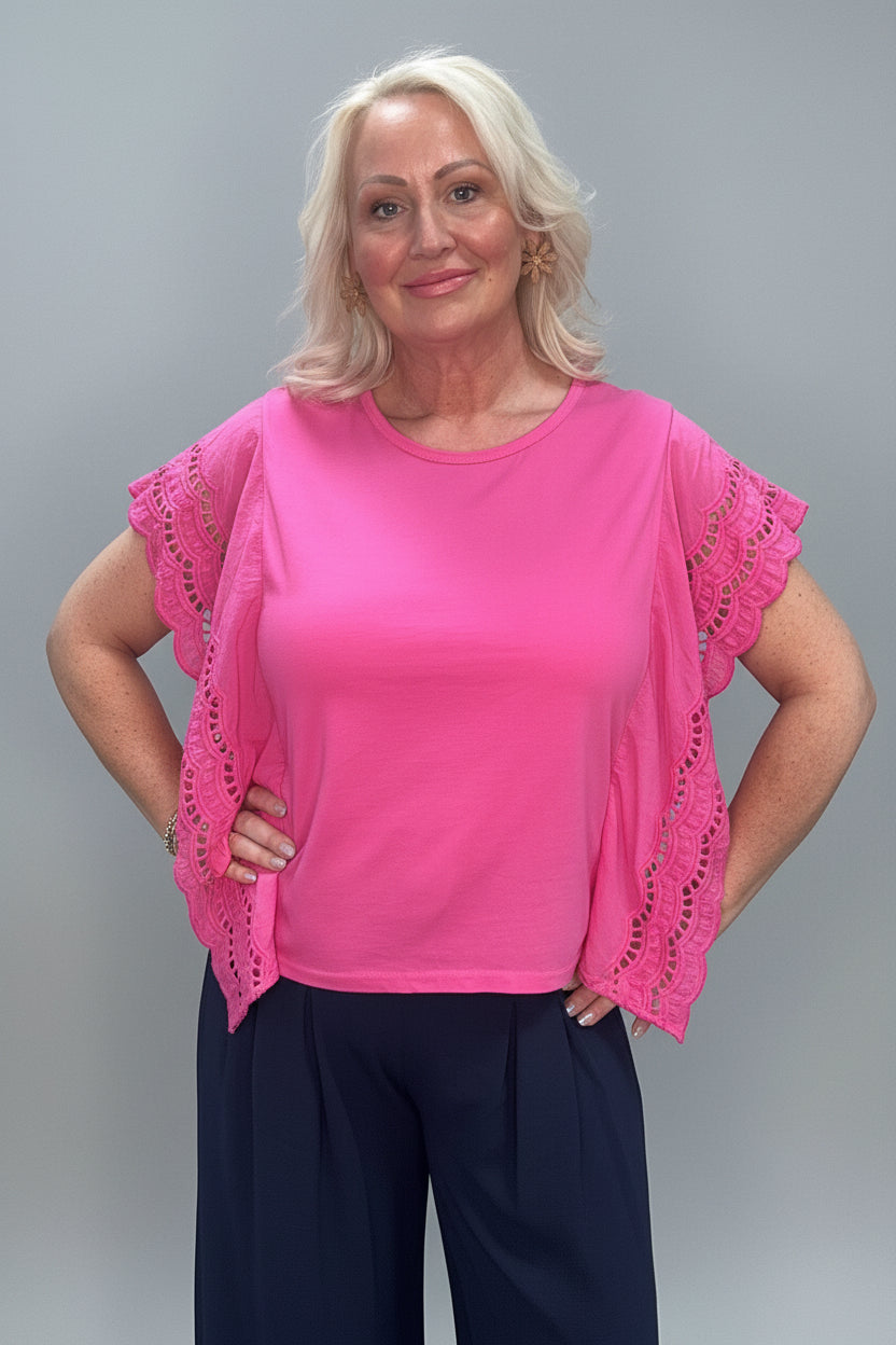 ROSE Broderie Anglaise Sleeve Boxy Tee