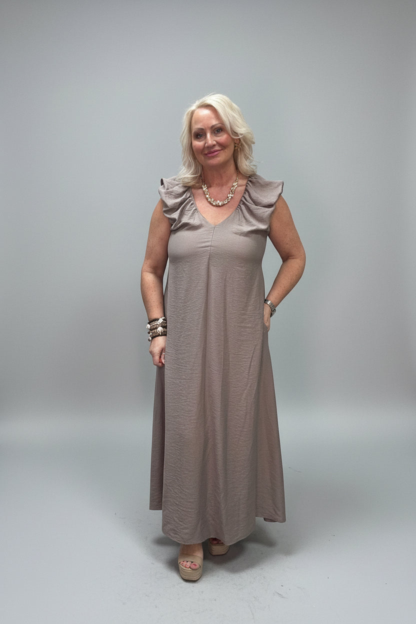 VIVIENNE Ruffle Shoulder Tie Back Maxi Dress