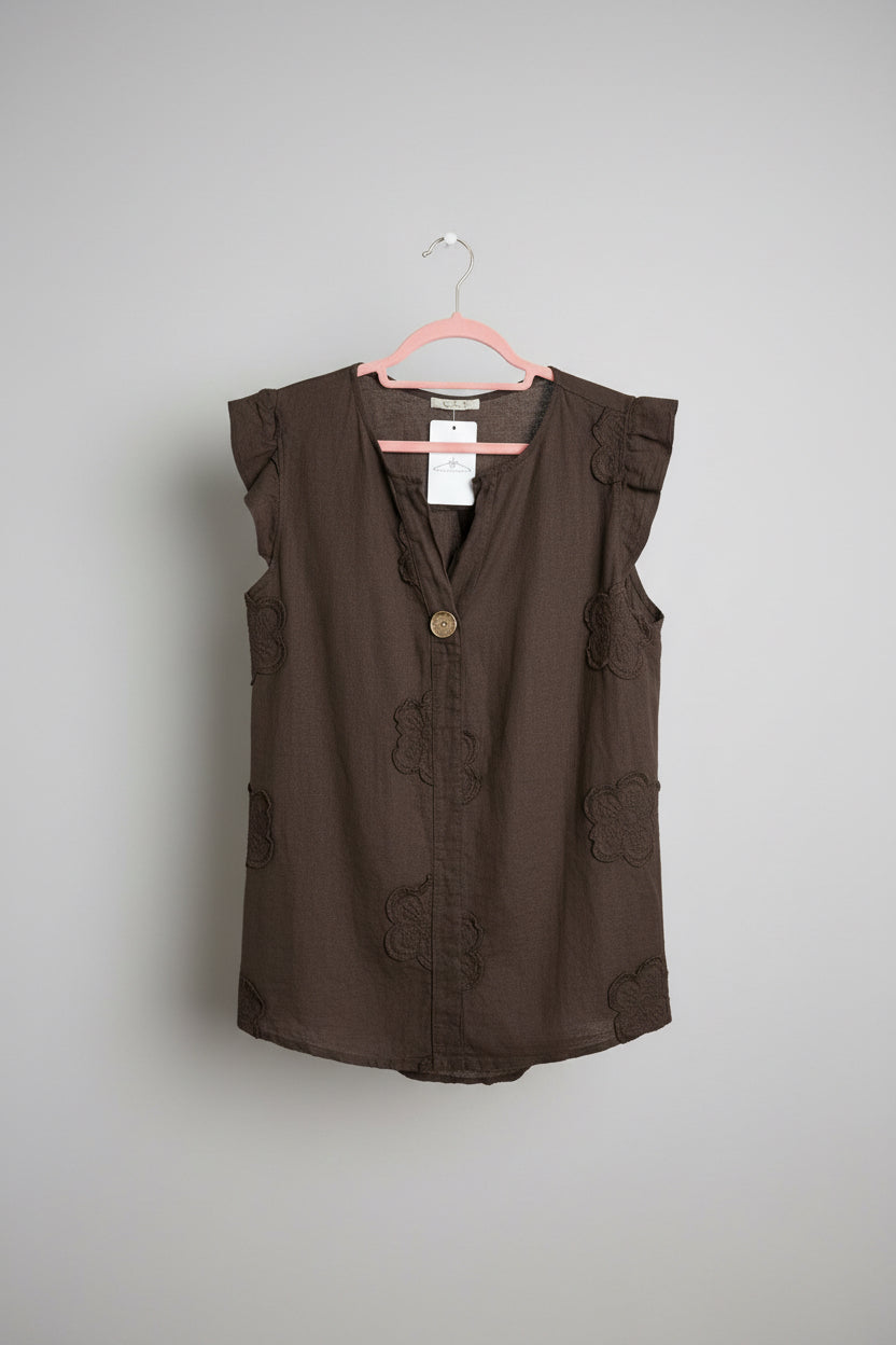 LAURA Floral Appliqué Frill Sleeve V-Neck Vest Topp