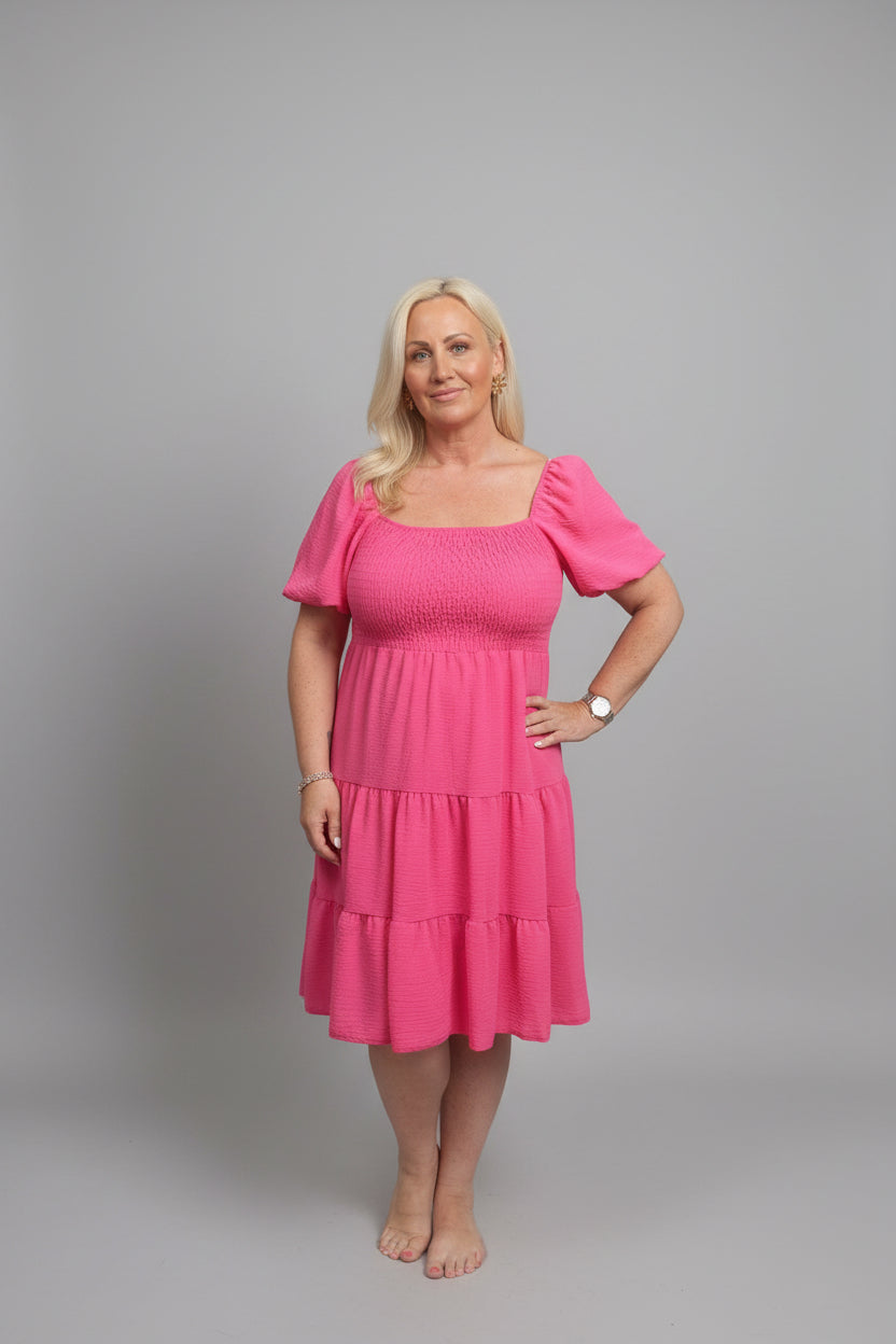 TIA Ruched Puff Sleeve Midi Dress