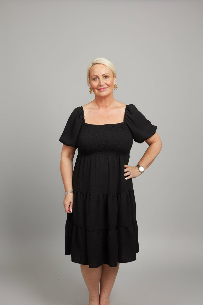 TIA Ruched Puff Sleeve Midi Dress