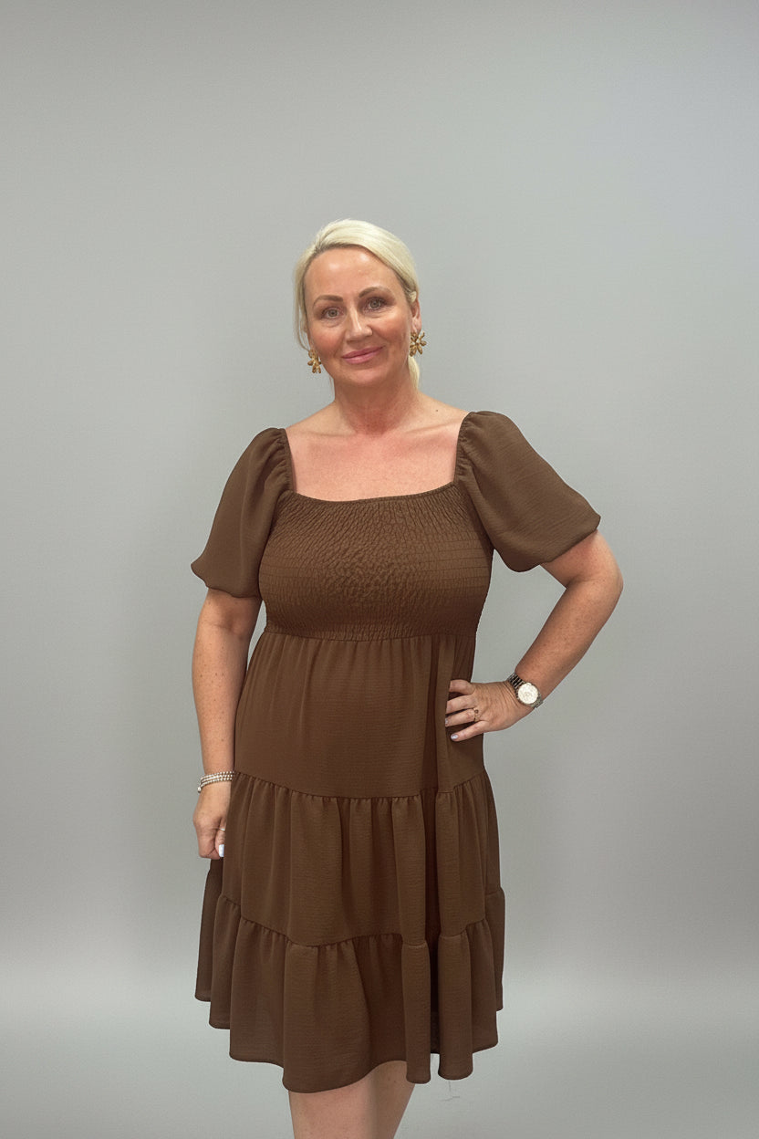 TIA Ruched Puff Sleeve Midi Dress