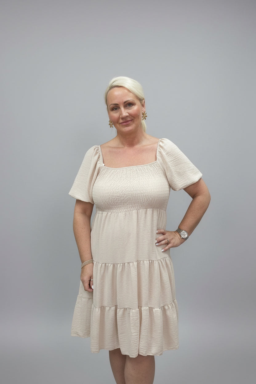 TIA Ruched Puff Sleeve Midi Dress