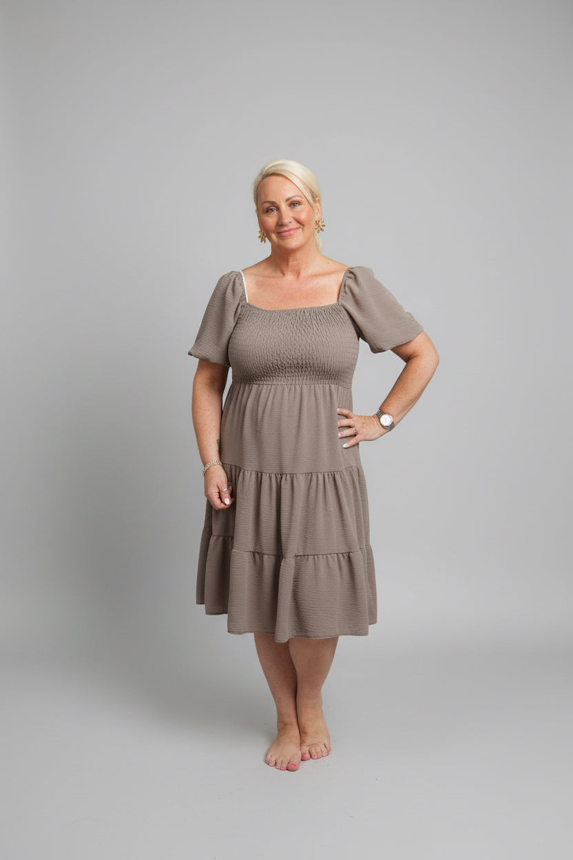 TIA Ruched Puff Sleeve Midi Dress