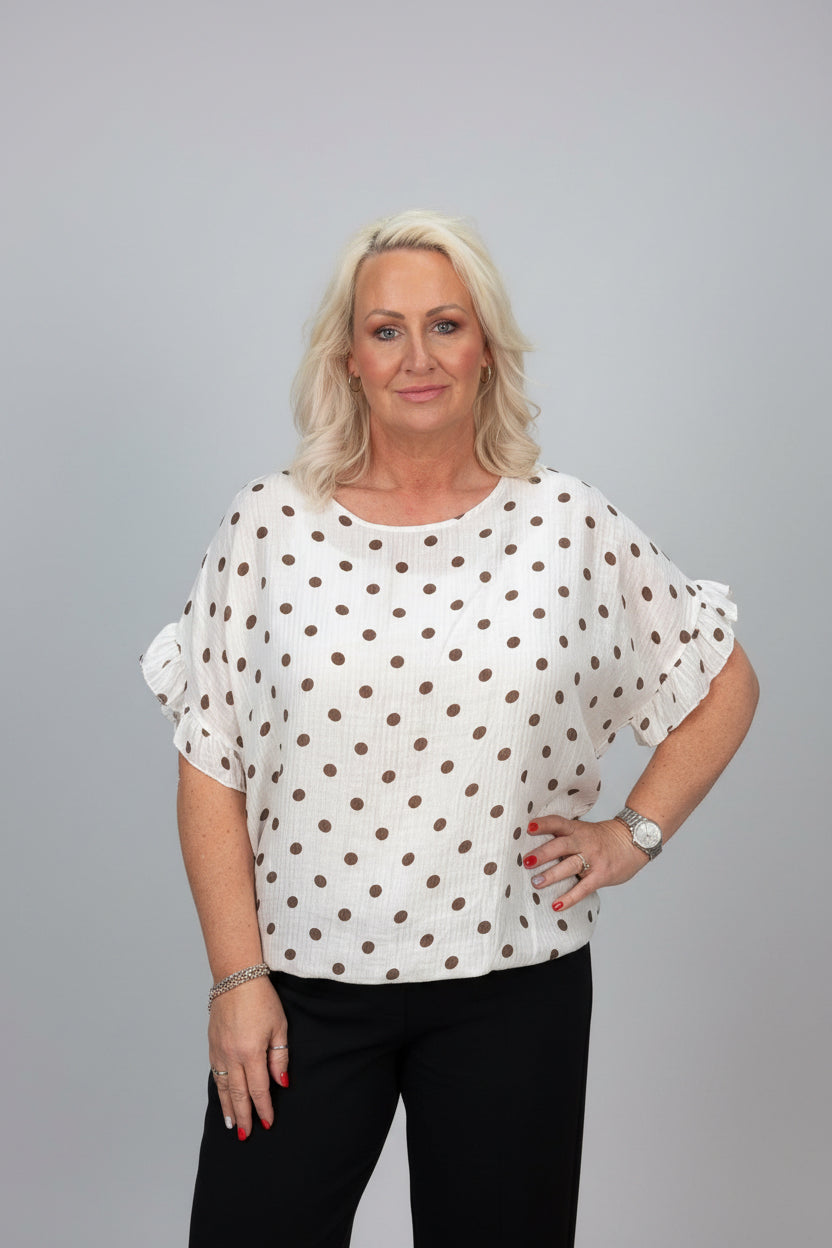 MEG Polka Dot Oversized Waffle Fabric Frill Sleeve Top