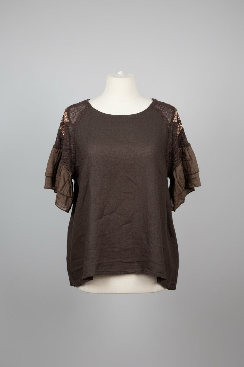SARAH Linen Star Embellishment Frill Sleeve Top