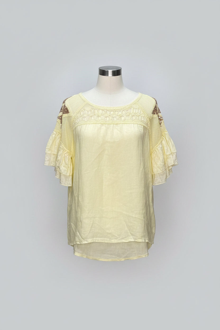 SARAH Linen Star Embellishment Frill Sleeve Top