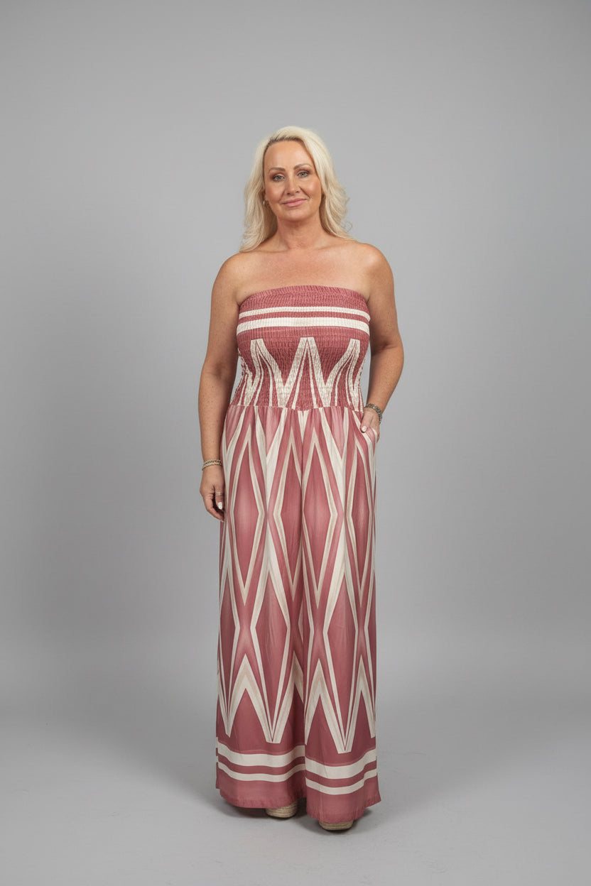 KATHY Abstract Print Strapless Wide Leg Jumpsuit