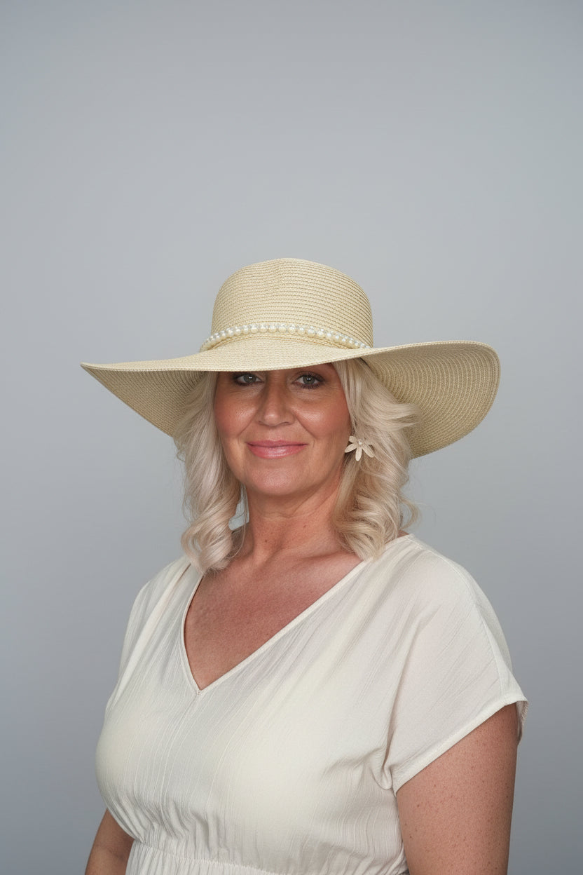 PEARL Wide Floppy Brim Sun Hat with Pearl & Spotty Bow Detail