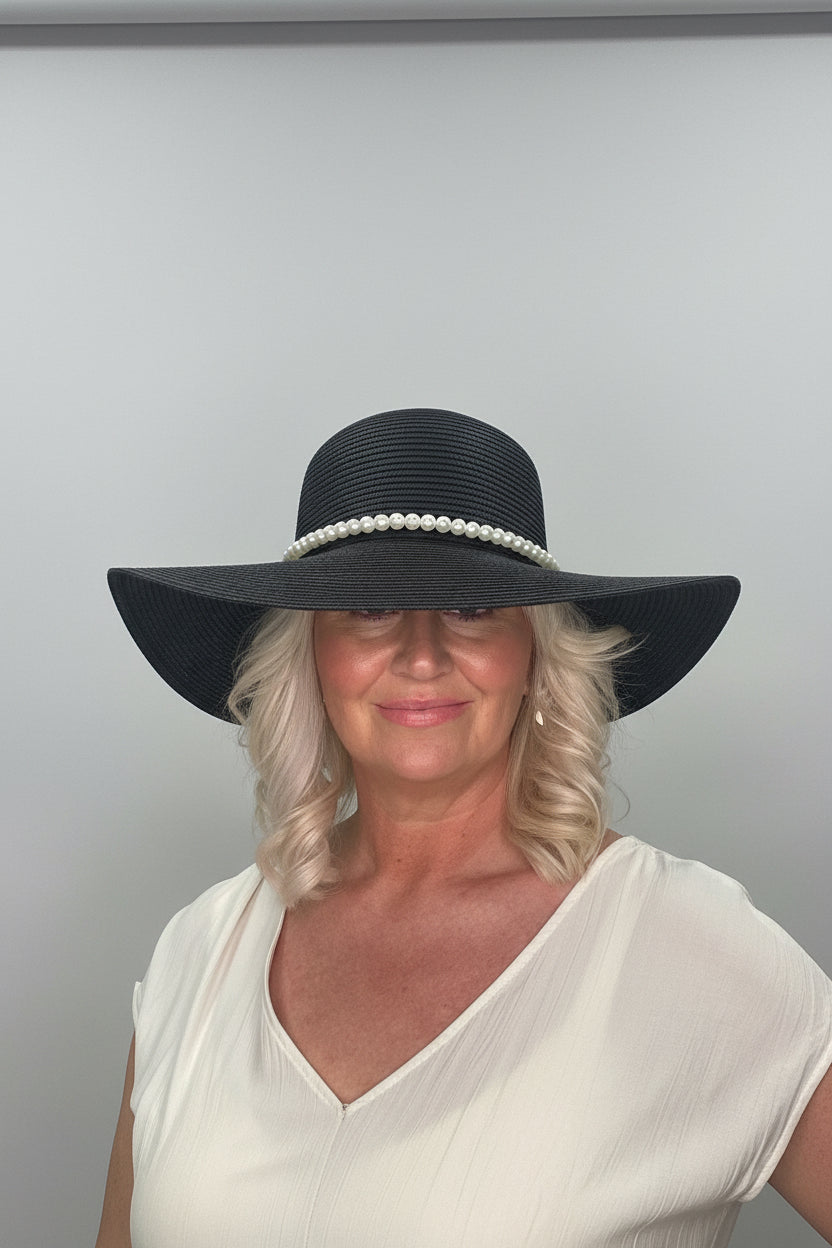 PEARL Wide Floppy Brim Sun Hat with Pearl & Spotty Bow Detail