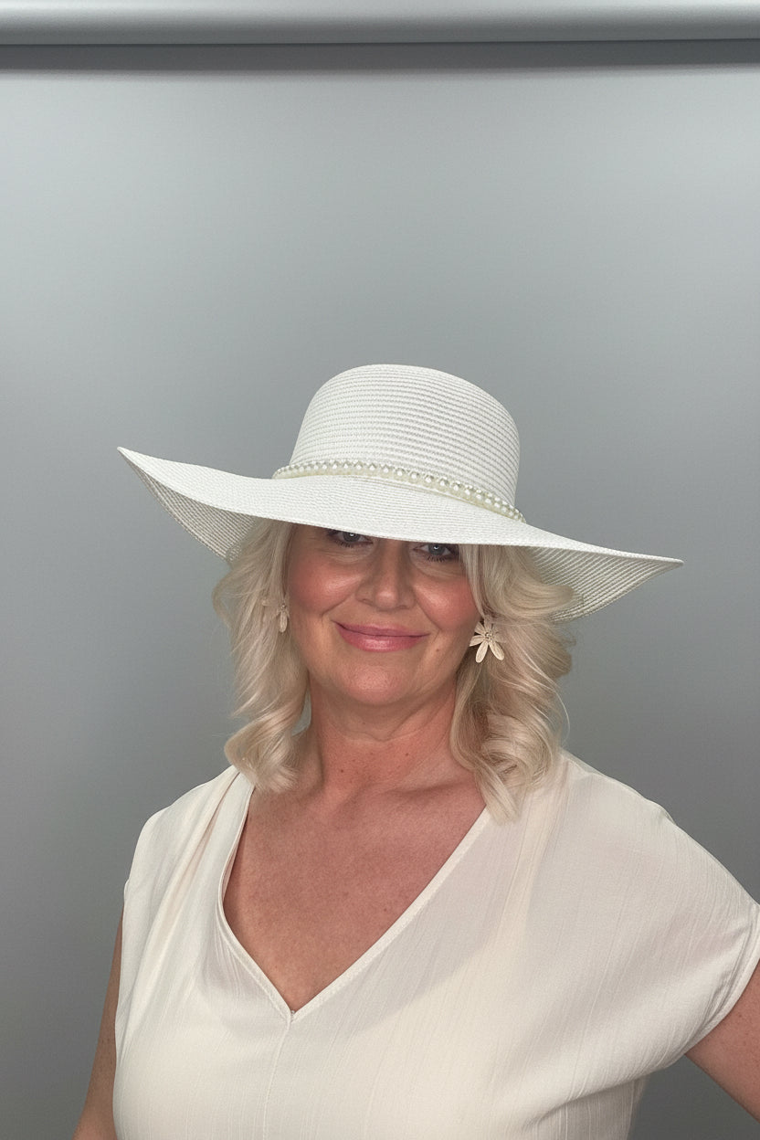 PEARL Wide Floppy Brim Sun Hat with Pearl & Spotty Bow Detail