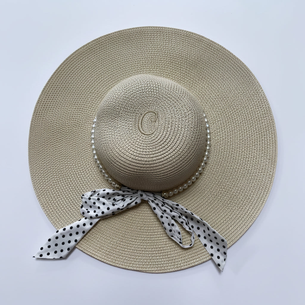 PEARL Wide Floppy Brim Sun Hat with Pearl & Spotty Bow Detail