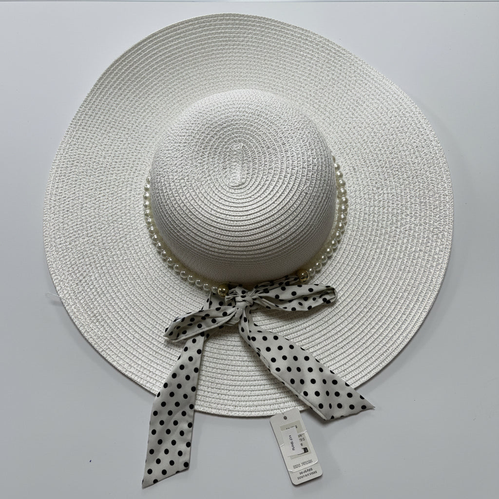 PEARL Wide Floppy Brim Sun Hat with Pearl & Spotty Bow Detail