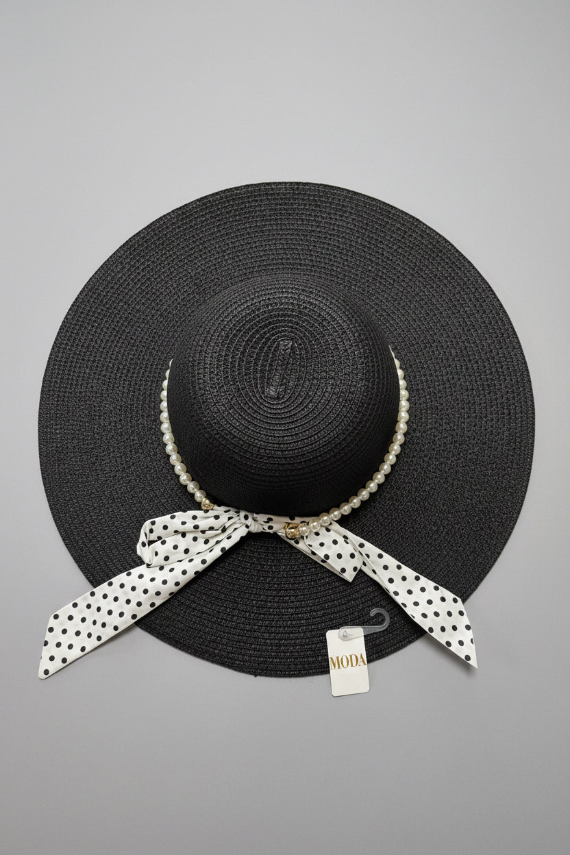 PEARL Wide Floppy Brim Sun Hat with Pearl & Spotty Bow Detail