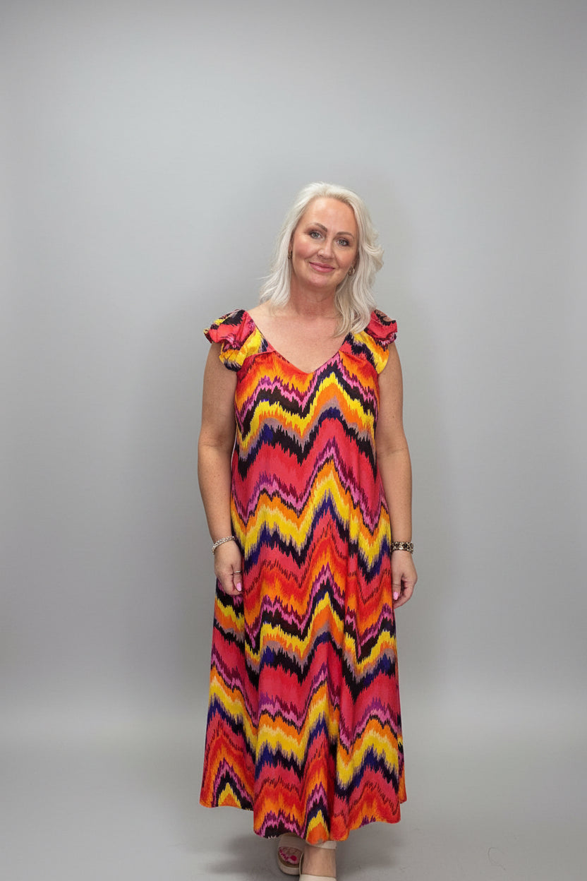 INDIA Multicolour Print Maxi Dress – V Neck & Puff Short Sleeve