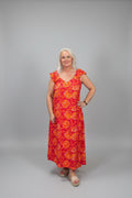 HAWAII  Orange & Pink Print Maxi Dress – V Neck & Puff Capped Sleeve