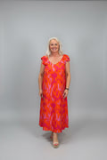 KENYA Orange & Purple Print Maxi Dress – V Neck & Puff Short Sleeve