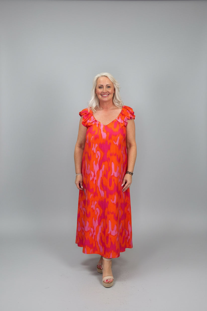 KENYA Orange & Purple Print Maxi Dress – V Neck & Puff Short Sleeve
