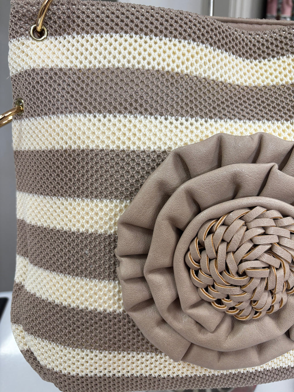 OASIS Large Stripe Woven Bag with 3D Floral Detail