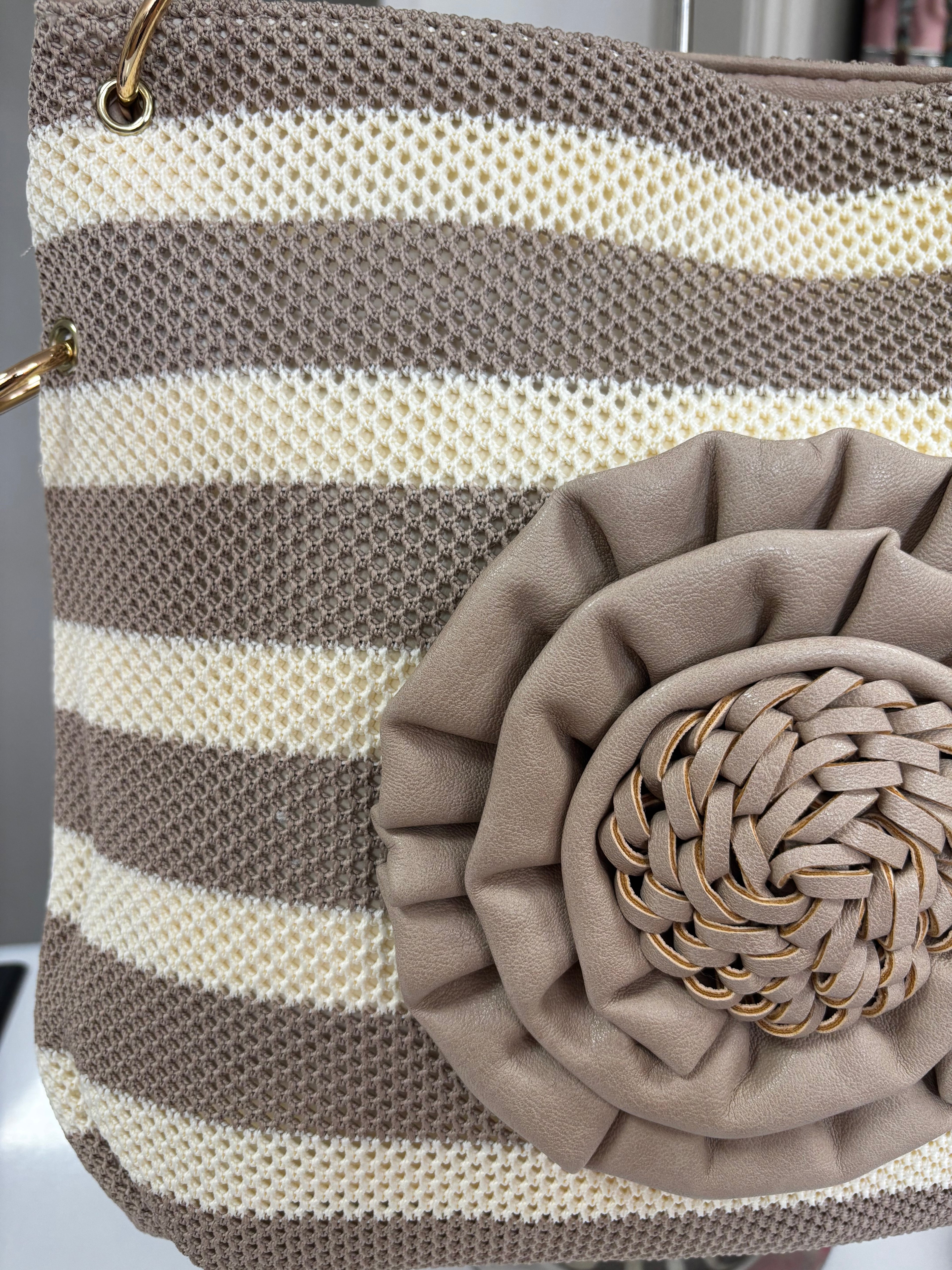 OASIS Large Stripe Woven Bag with 3D Floral Detail