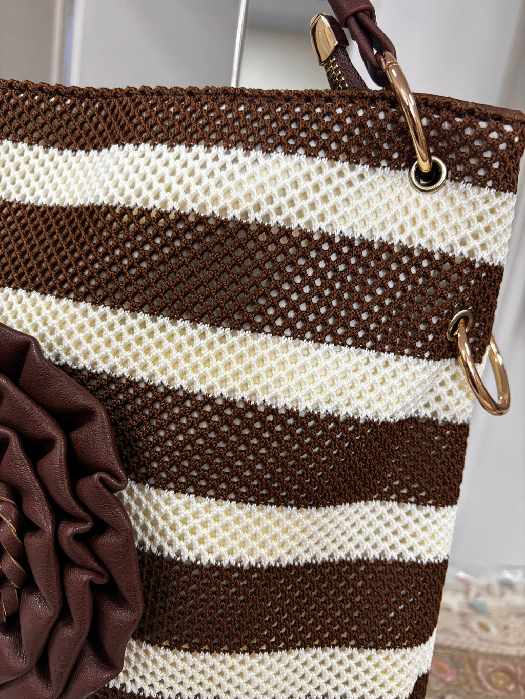 OASIS Large Stripe Woven Bag with 3D Floral Detail
