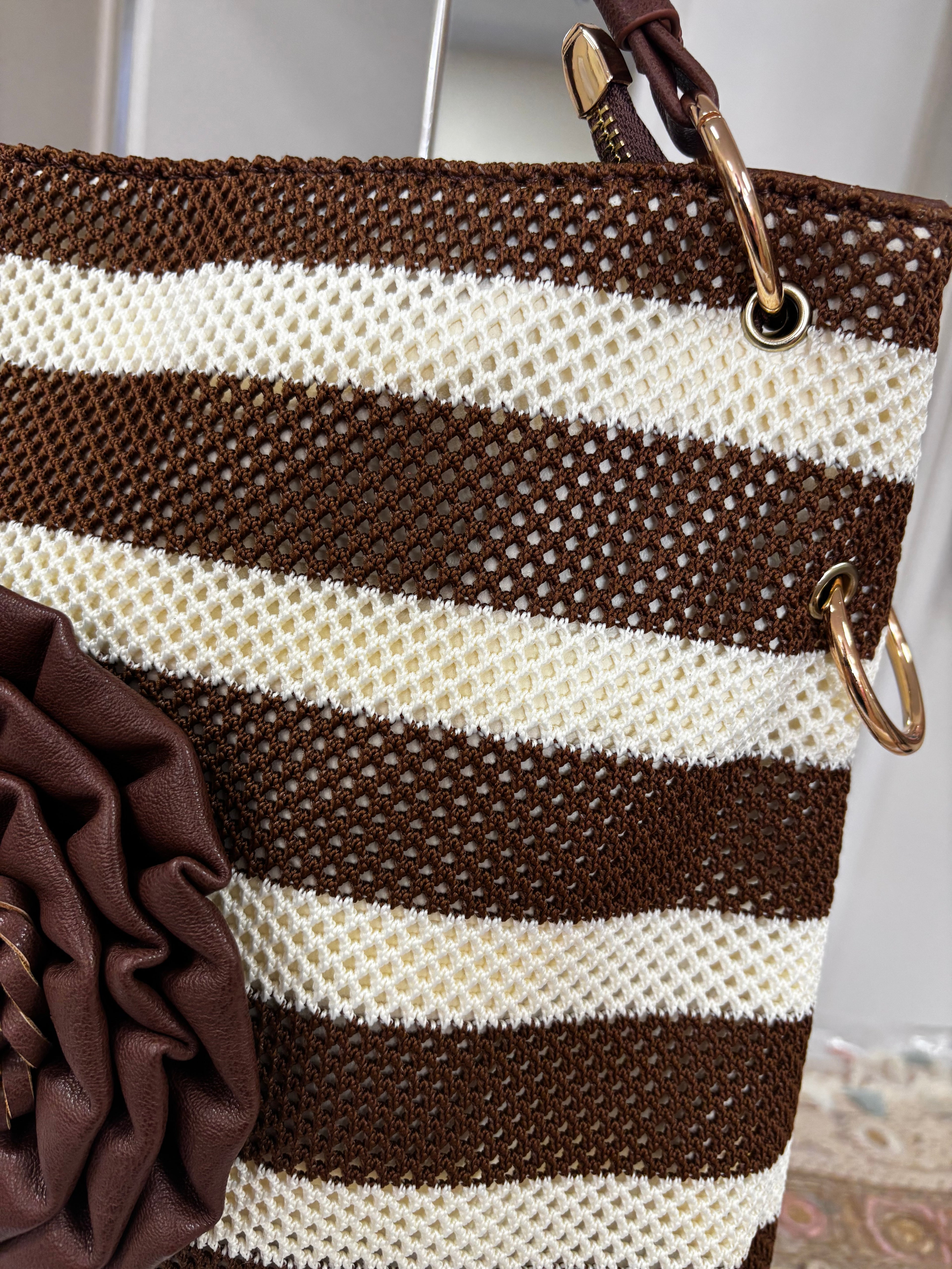 OASIS Large Stripe Woven Bag with 3D Floral Detail