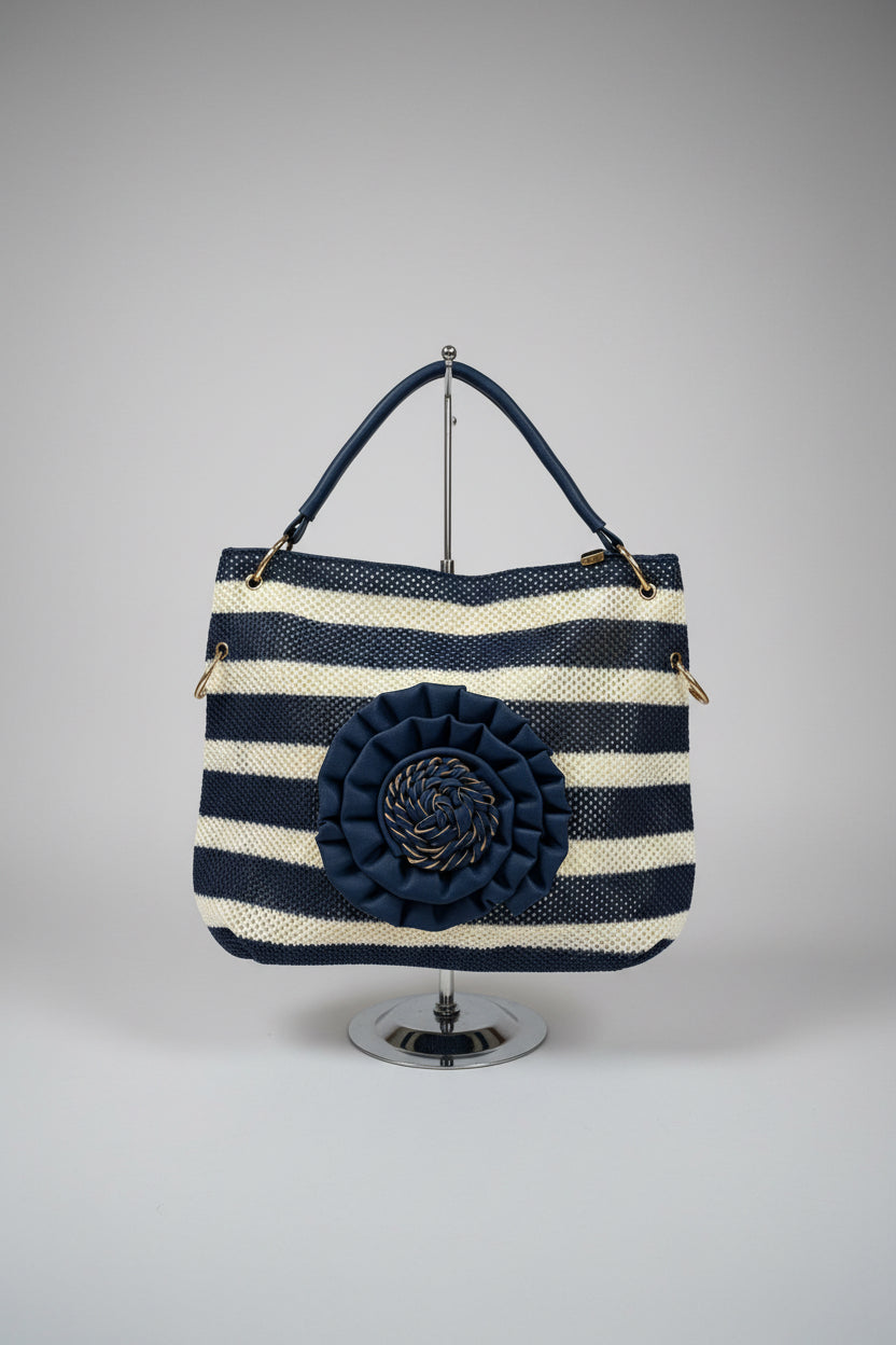 OASIS Large Stripe Woven Bag with 3D Floral Detail
