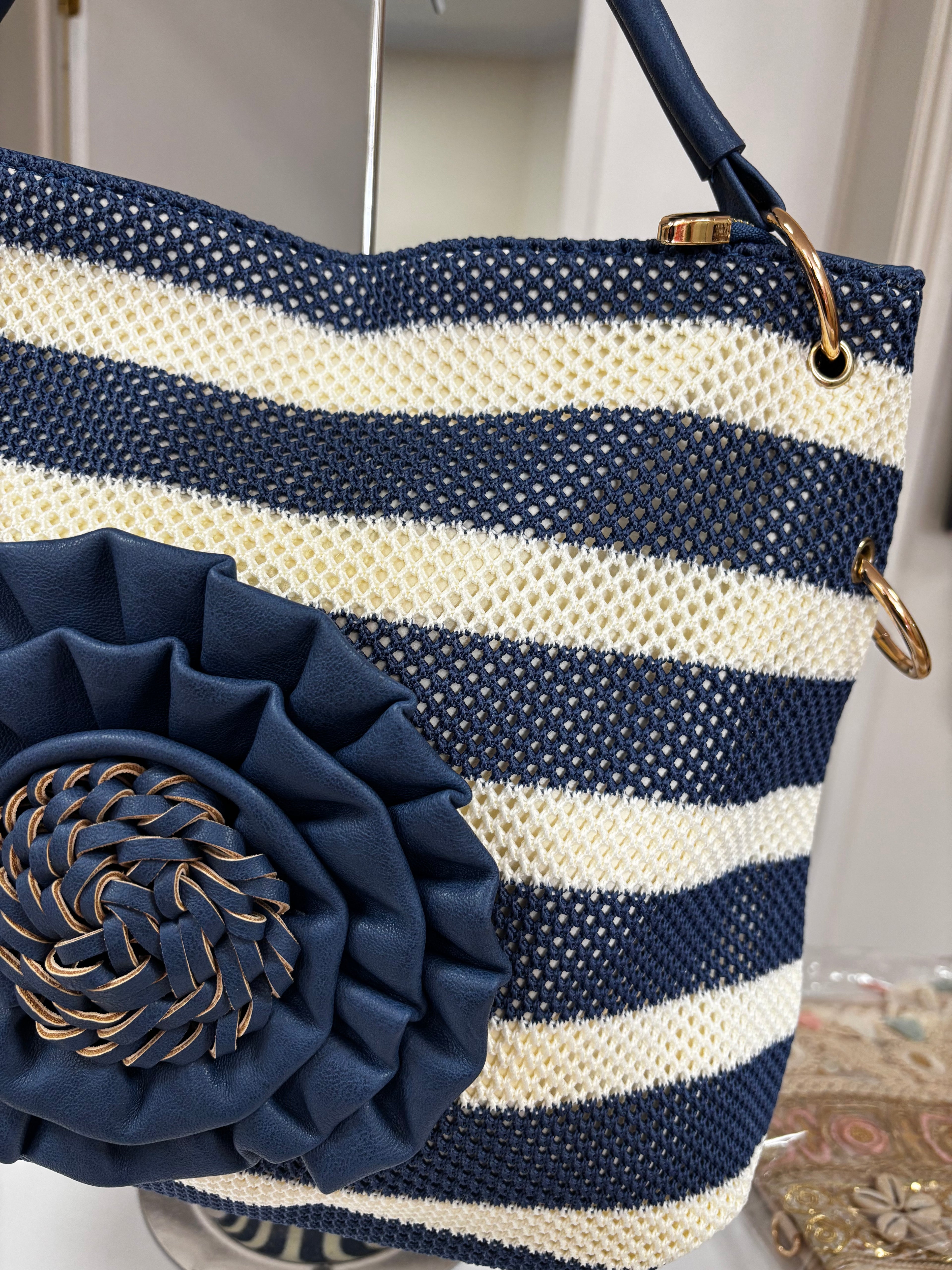 OASIS Large Stripe Woven Bag with 3D Floral Detail