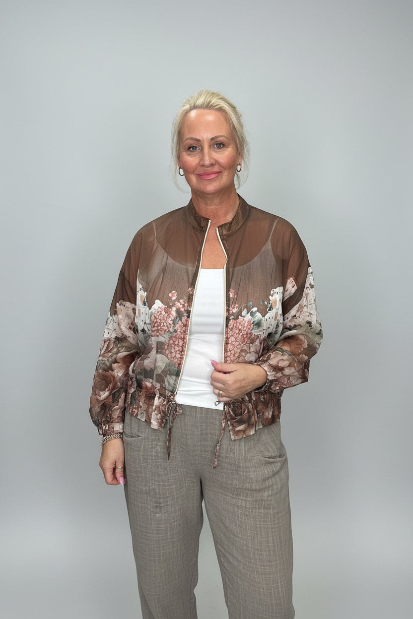 AUDREY Coastal Print Sheer Bomber Jacket