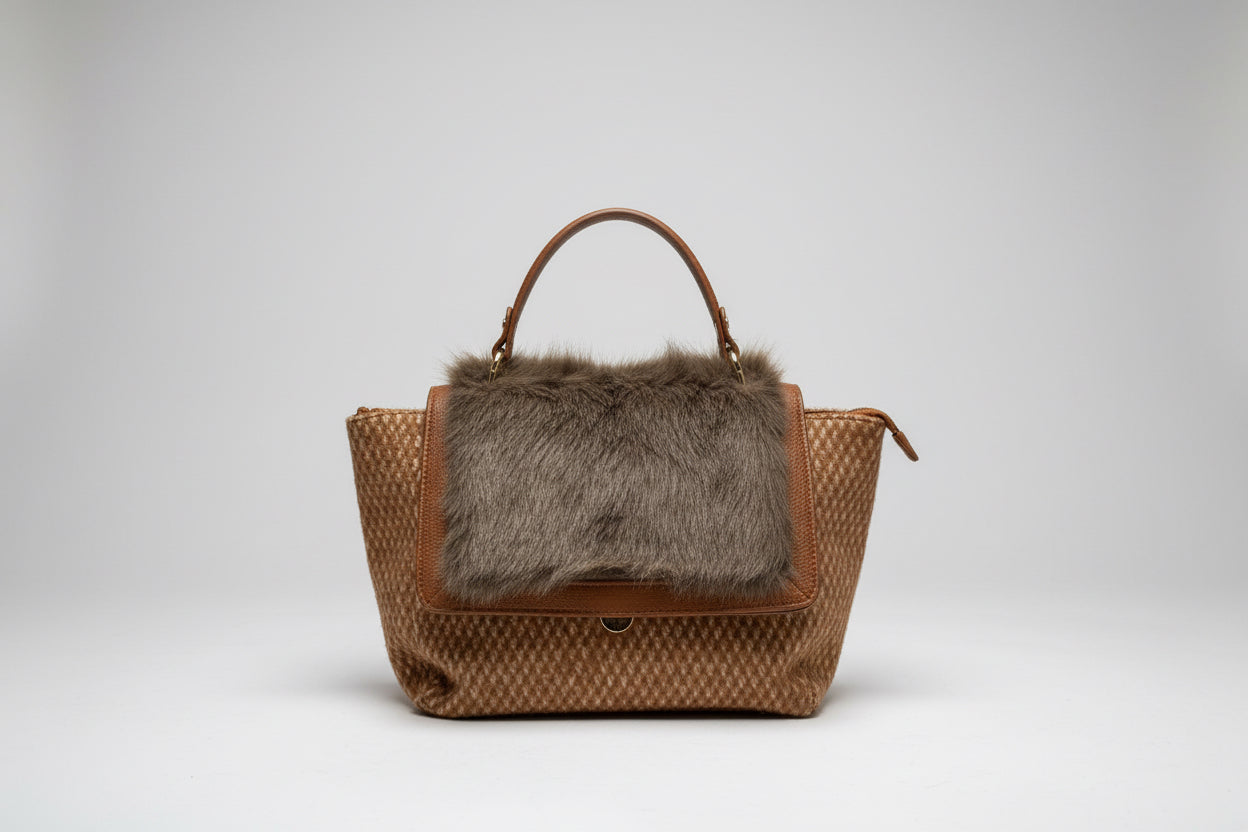 Brown Textured Bag with Fur Detail