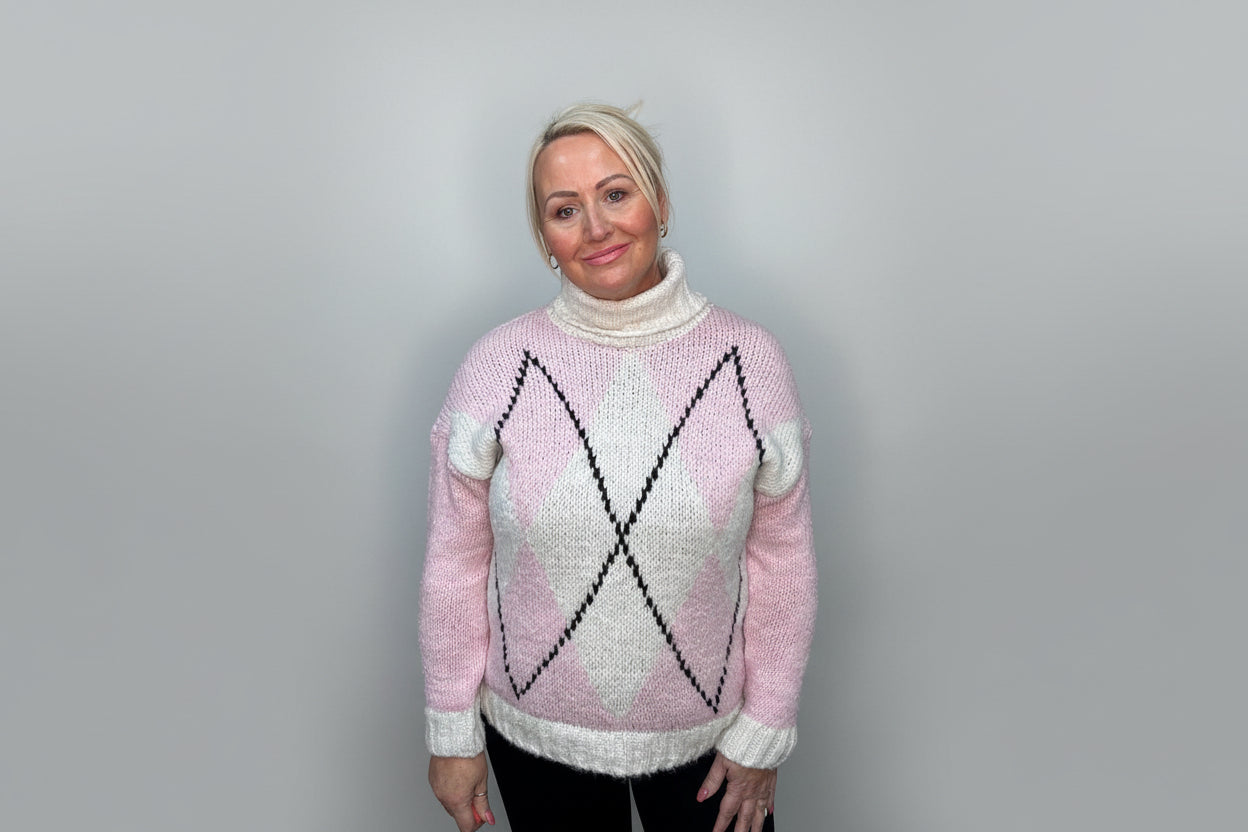 Pink Soft Knit Roll Neck Argyle Jumper