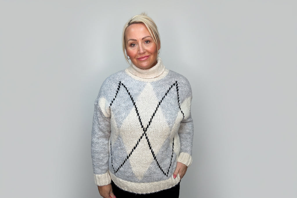 Title: Grey Soft Knit Roll Neck Argyle Jumper