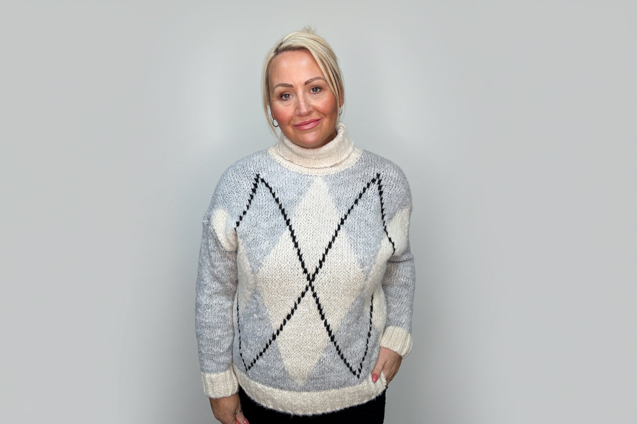 Title: Grey Soft Knit Roll Neck Argyle Jumper