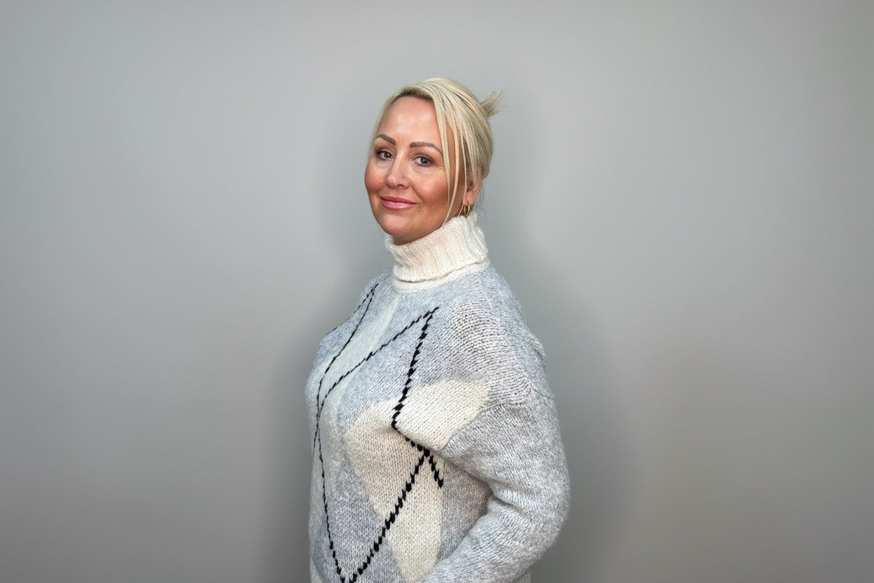 Title: Grey Soft Knit Roll Neck Argyle Jumper