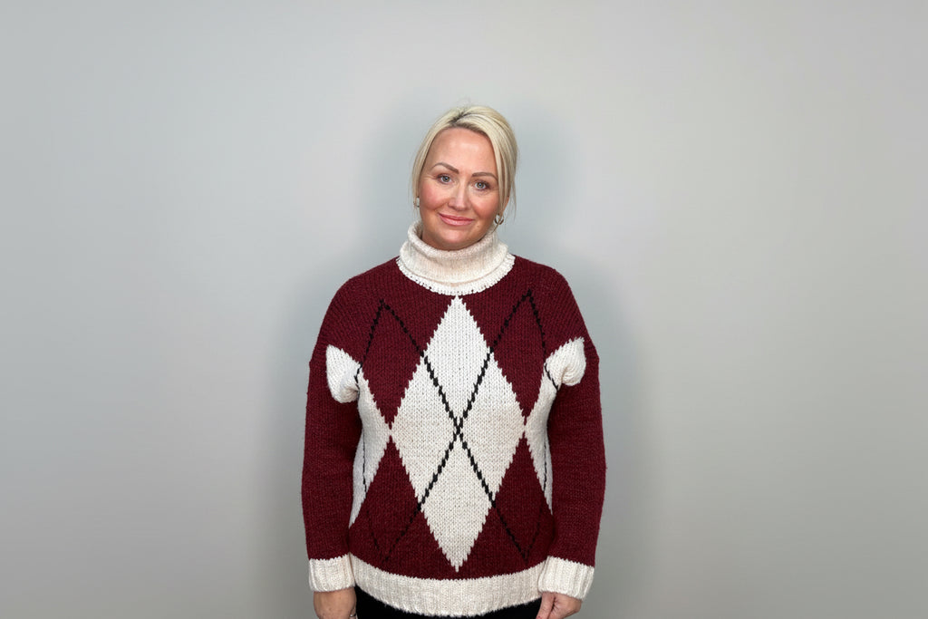 Berry Soft Knit Roll Neck Argyle Jumper