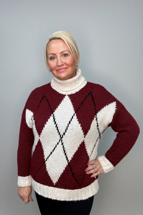 Berry Soft Knit Roll Neck Argyle Jumper