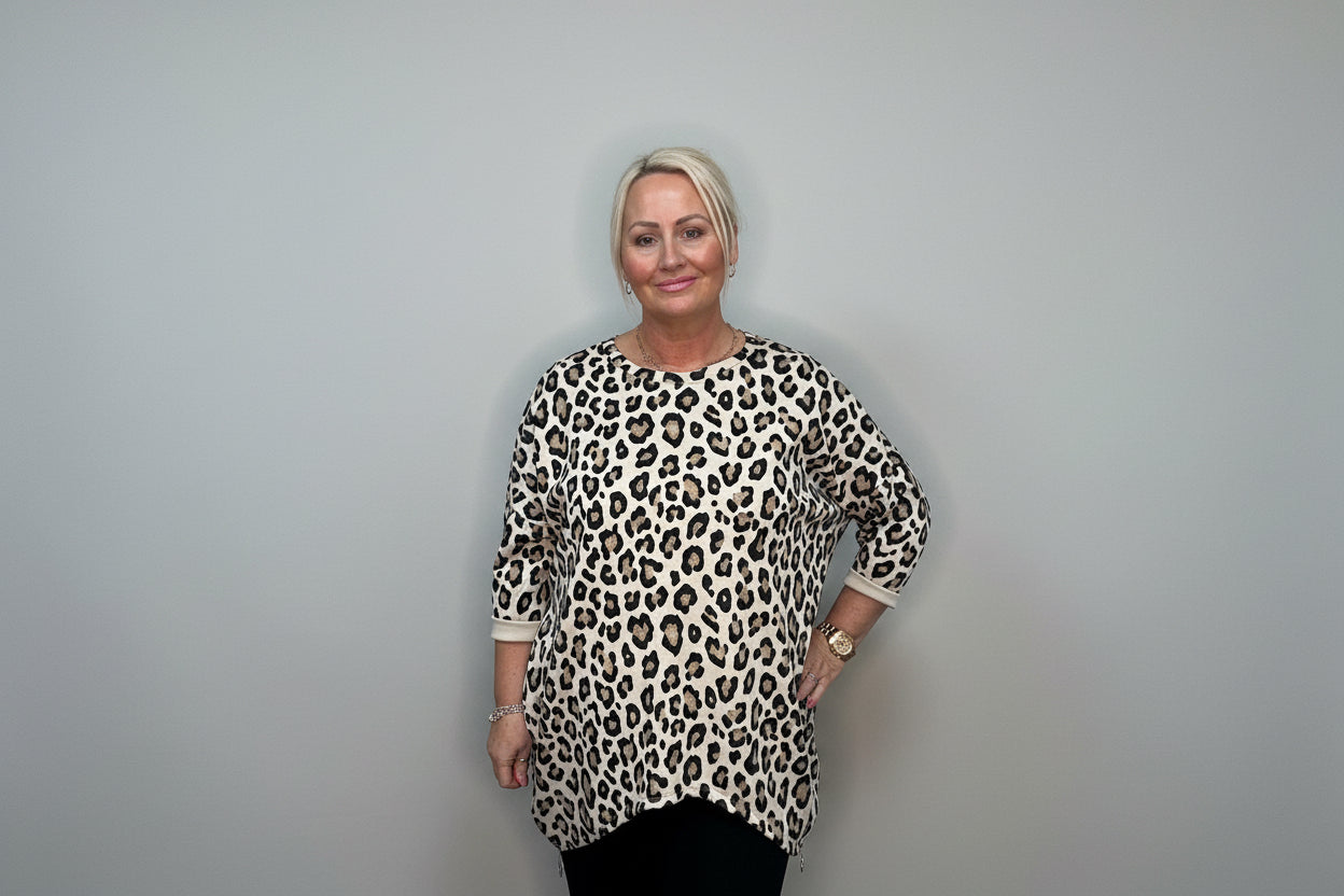 Leopard Print Oversized Sweater with Side Zip