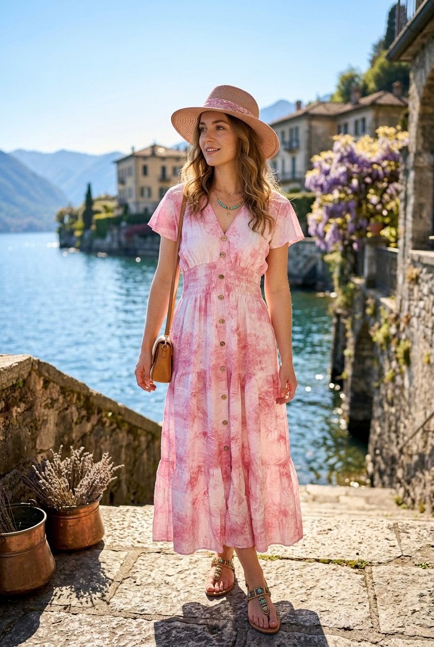 Lesley Floaty Short Sleeve Maxi Dress – Button Detail & Elastic Waist