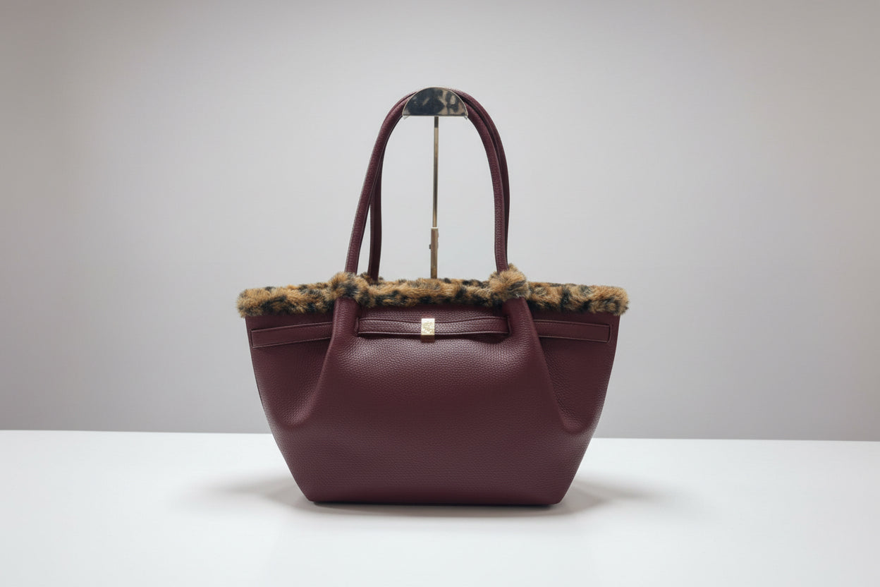 Berry Faux Fur Trim Tote Bag